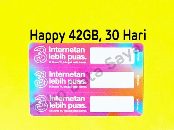 Voucher Kuota Data 3 / Three / Tri PM4 / Happy 42GB (NEW FULL KUOTA), Jatim-Jateng