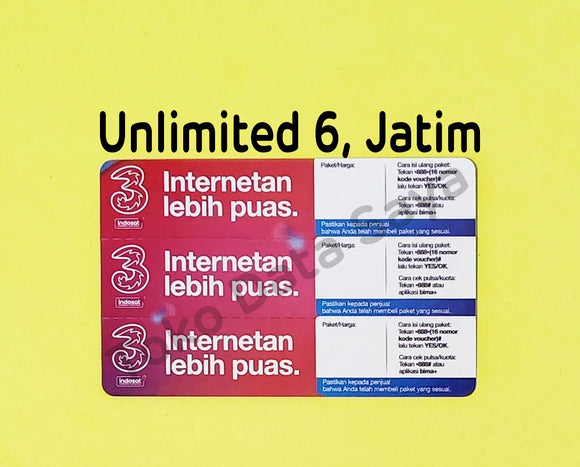 Voucher Kuota Data 3 / Three / Tri Unlimited 6, Jatim-Jateng
